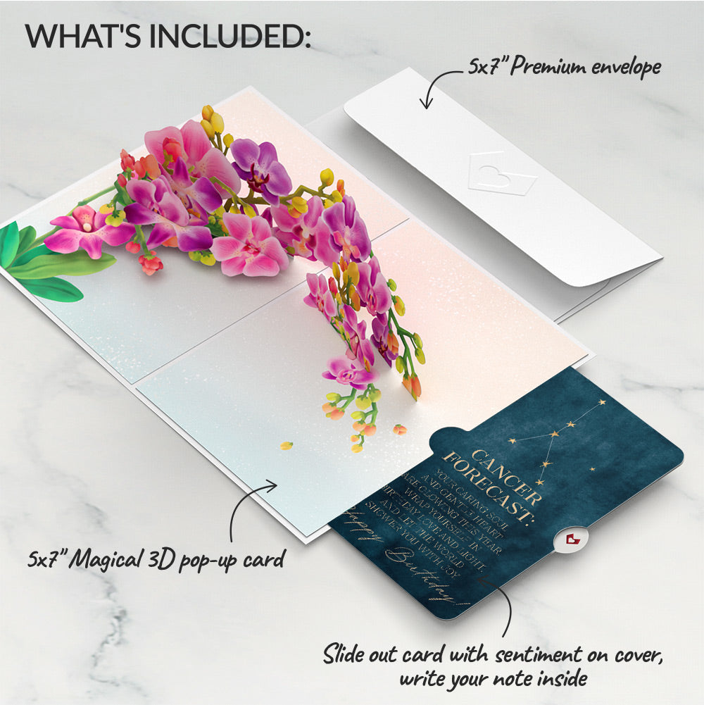 Watercolor Orchid Birthday Pop-Up Card and Cancer Zodiac Sentiment Set