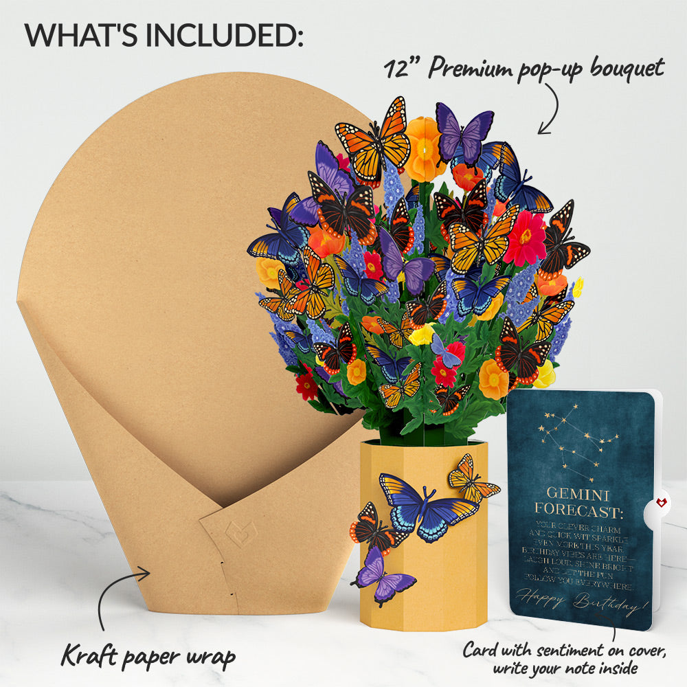 Brilliant Butterfly Birthday Bouquet and Gemini Zodiac Sentiment Set