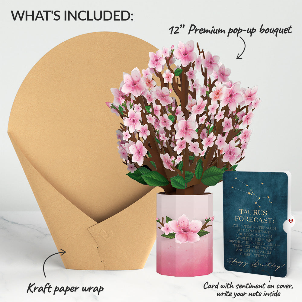 Cherry Blossom Birthday Bouquet and Taurus Zodiac Sentiment Set