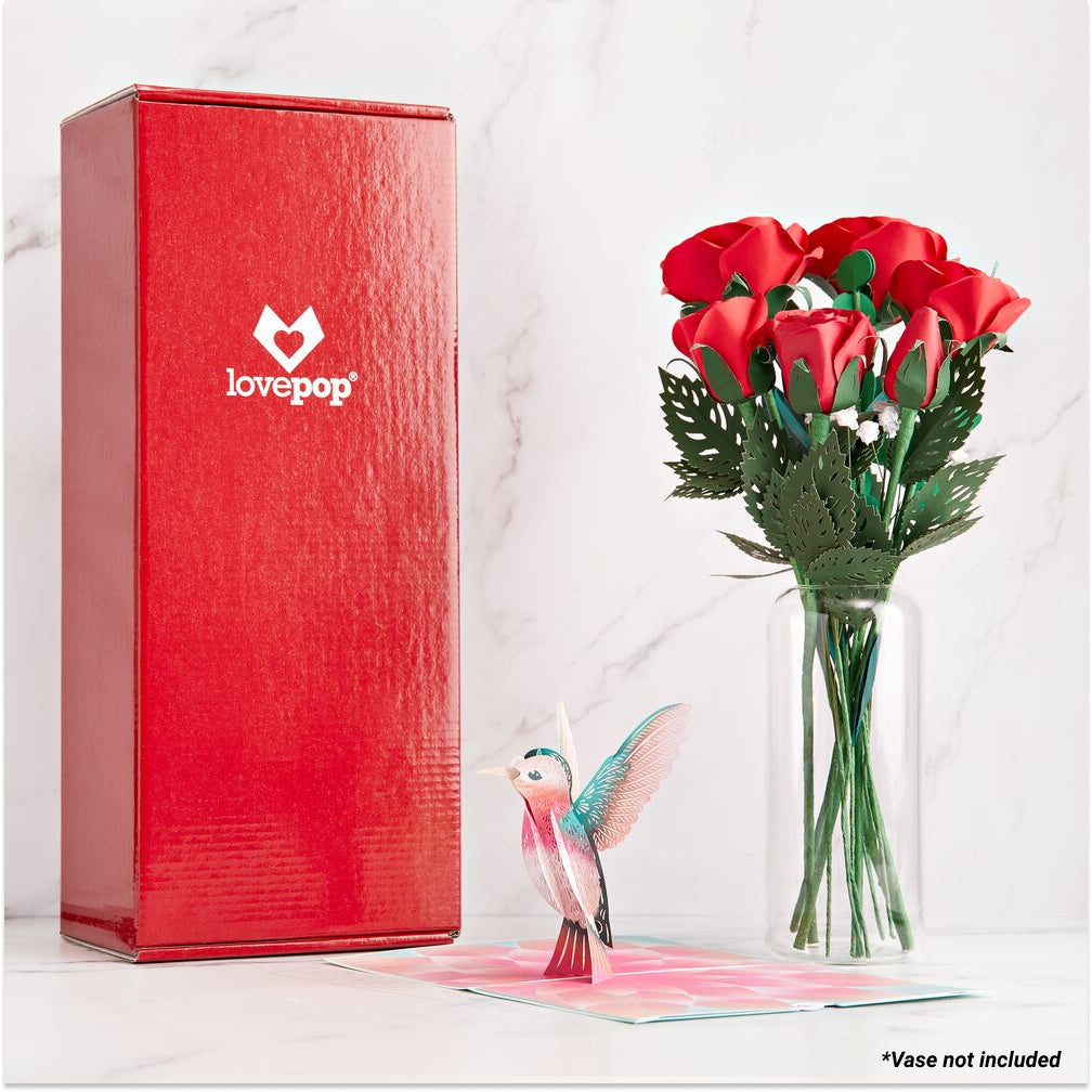 Handcrafted Paper Flowers: Roses (6 Stems) with Lovely Hummingbird Pop-Up Card