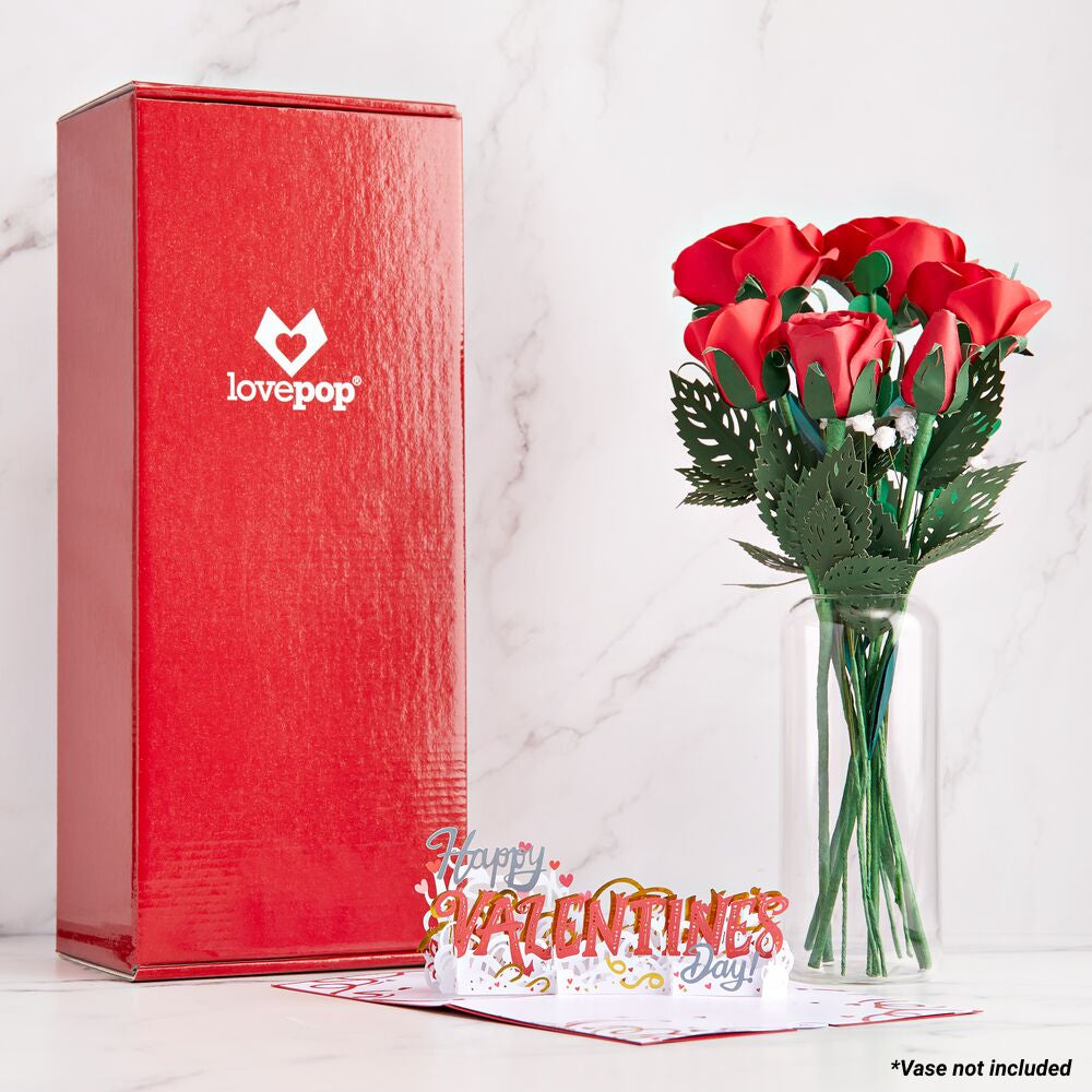 Handcrafted Paper Flowers: Roses (6 Stems) with Happy Valentine's Day Pop-Up Card