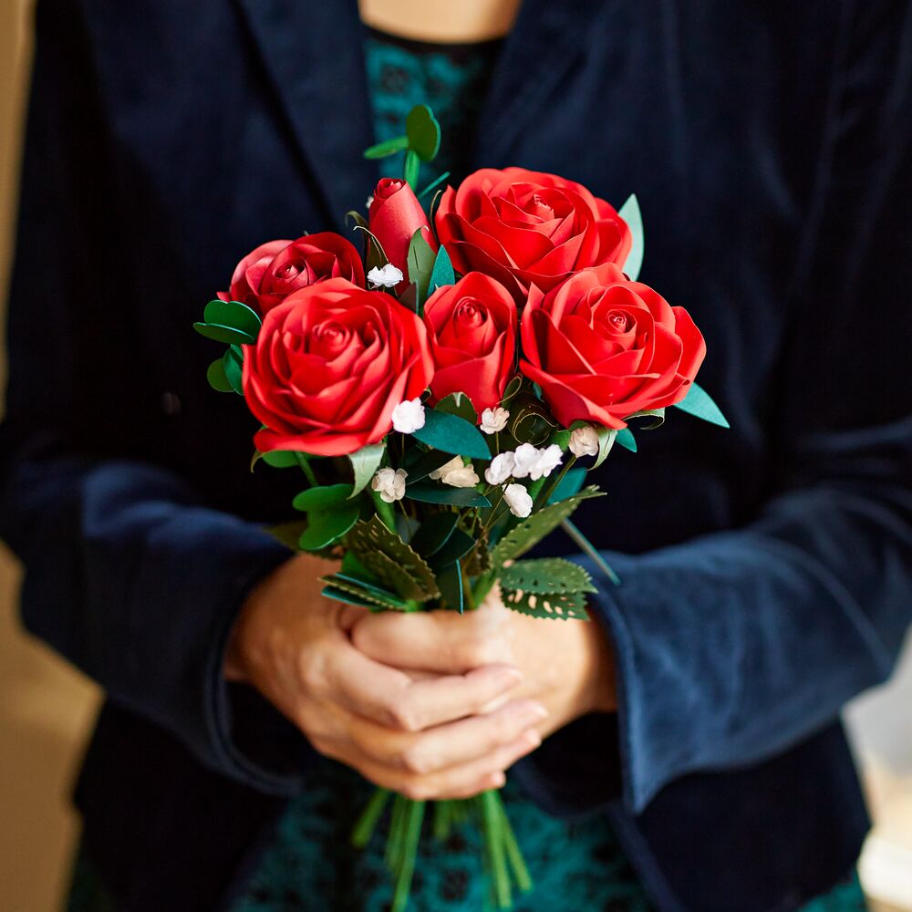 Handcrafted Paper Flowers: Roses (6 Stems) with Happy Valentine's Day Pop-Up Card