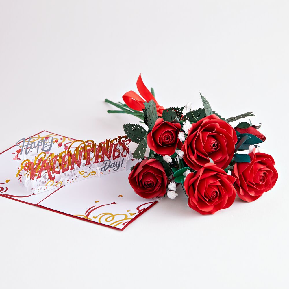 Handcrafted Paper Flowers: Roses (6 Stems) with Happy Valentine's Day Pop-Up Card