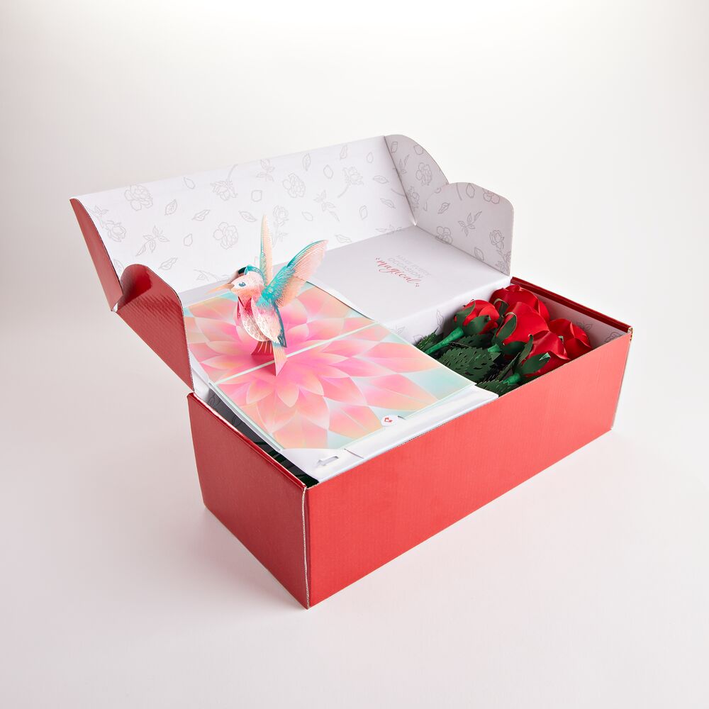Handcrafted Paper Flowers: Roses (6 Stems) with Lovely Hummingbird Pop-Up Card