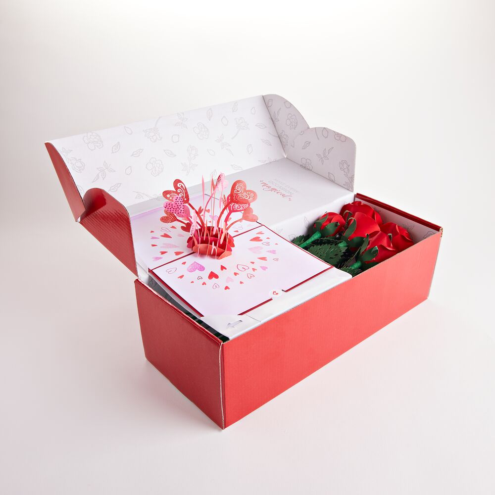 Handcrafted Paper Flowers: Roses (6 Stems) with Love Explosion Pop-Up Card