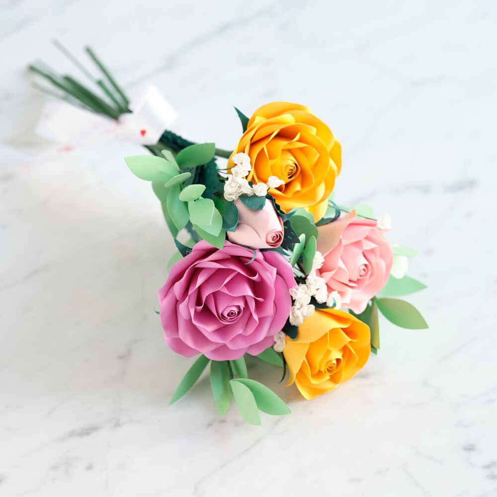 Handcrafted Paper Flowers: Pink & Yellow Roses (6 Stems)