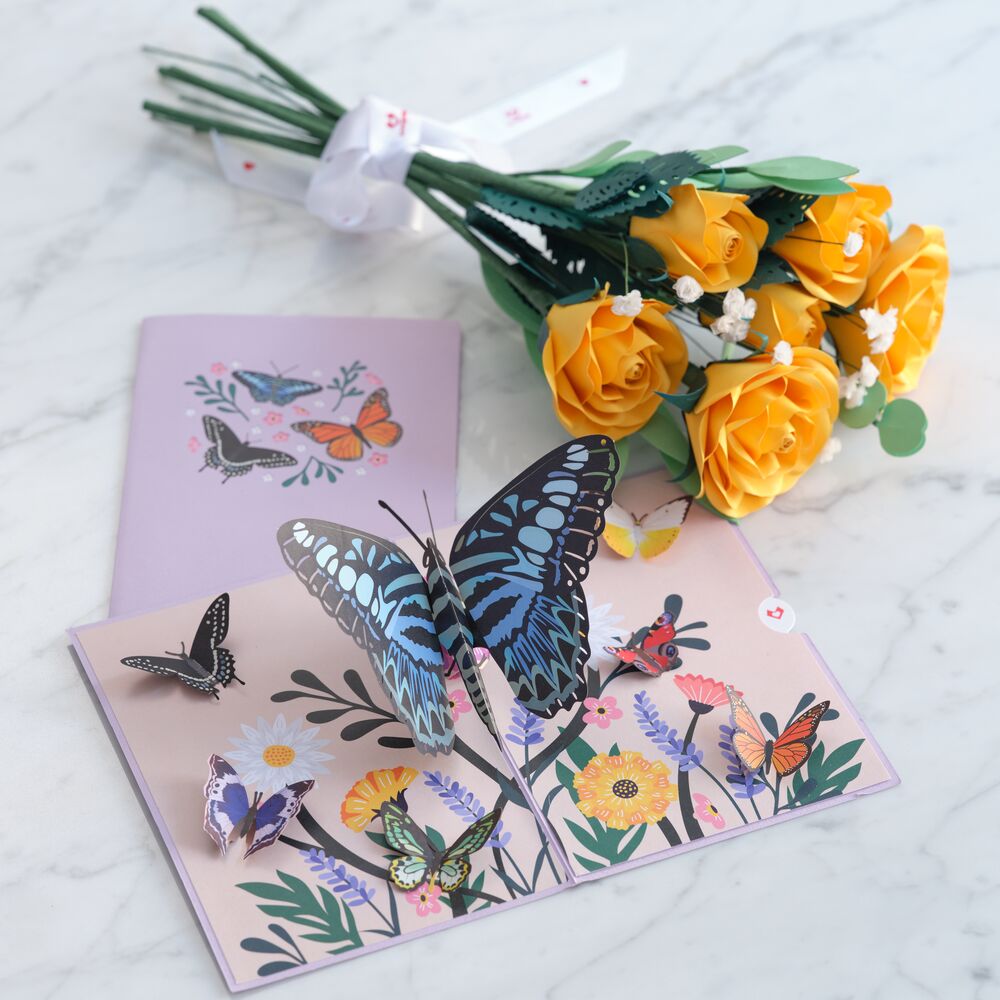 Handcrafted Paper Flowers: Yellow Roses (6 Stems) with Garden Butterflies Pop-Up Card