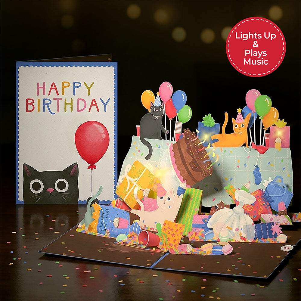 Birthday Cat-astrophe Music and Lights Pop-Up Card & Bouquet Bundle