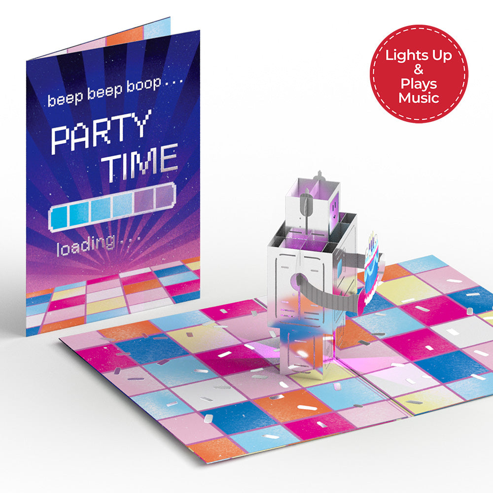 Robot Birthday Party Music and Lights Pop-Up Card