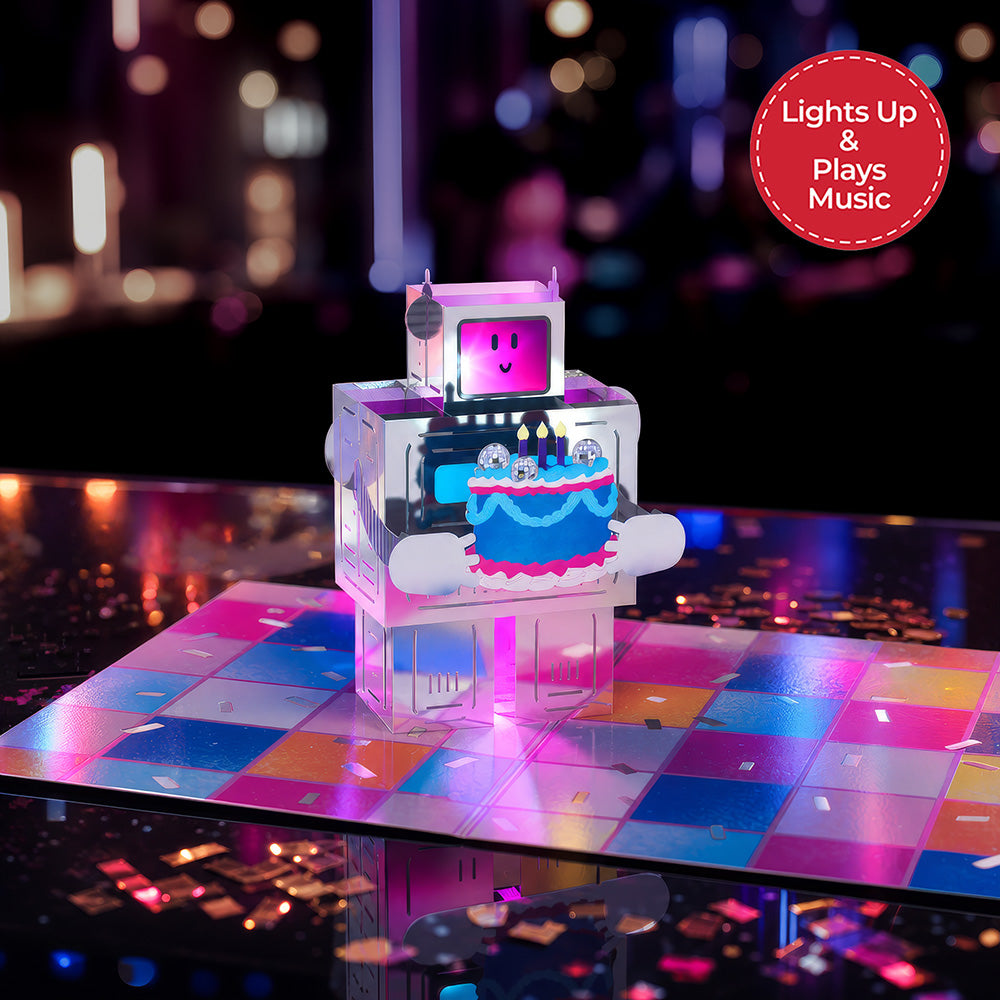 Robot Birthday Party Music and Lights Pop-Up Card