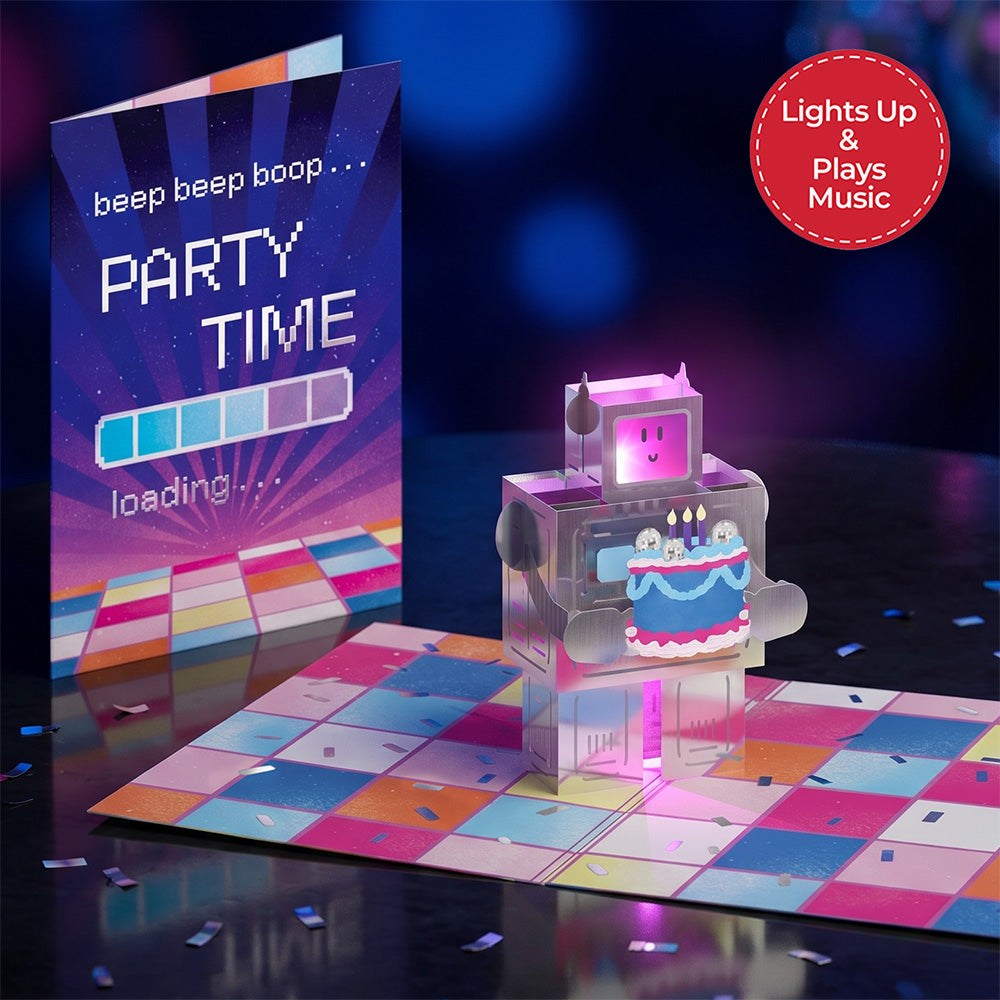 Robot Birthday Party Music and Lights Pop-Up Card