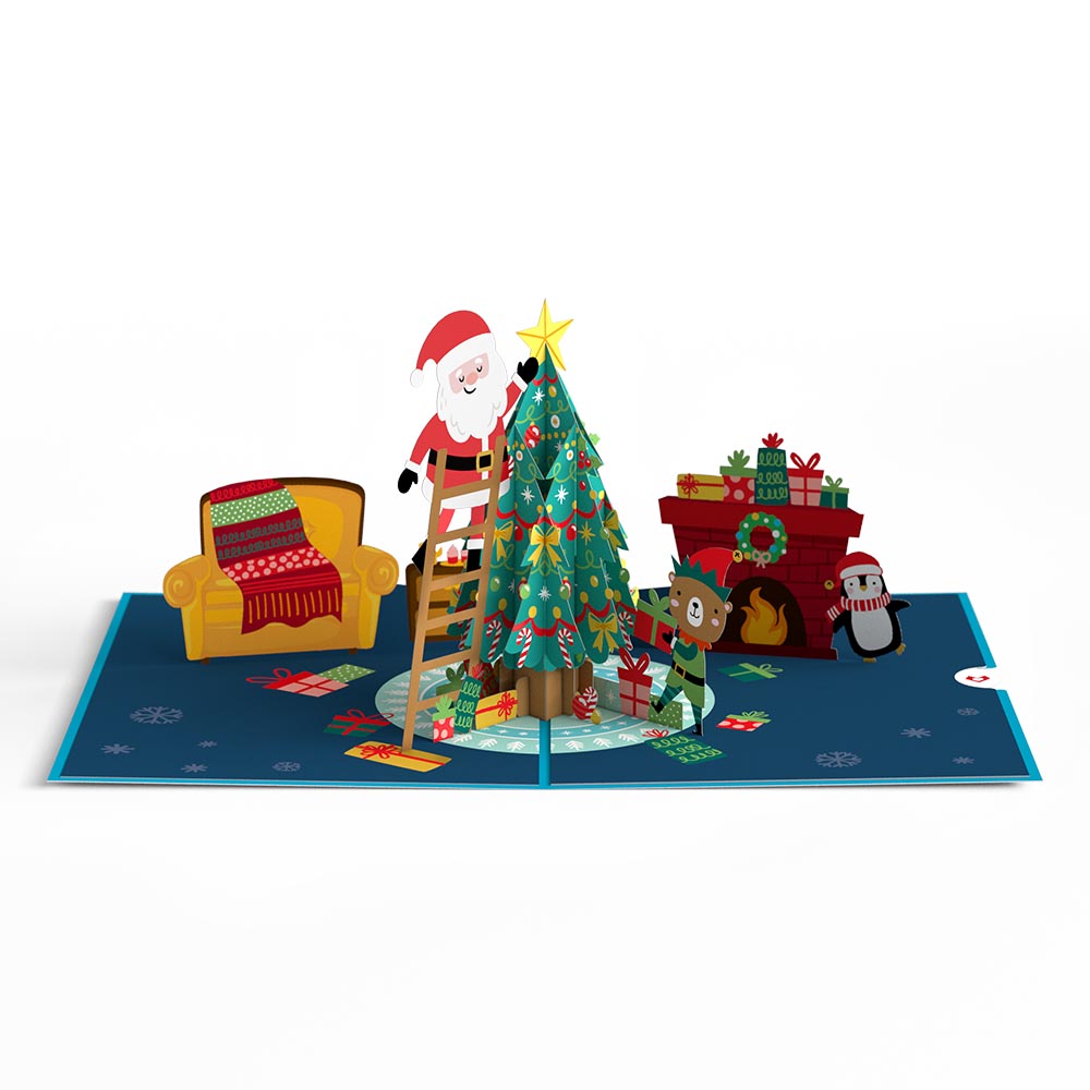 Santa Decorating a Christmas Tree Pop-Up Card