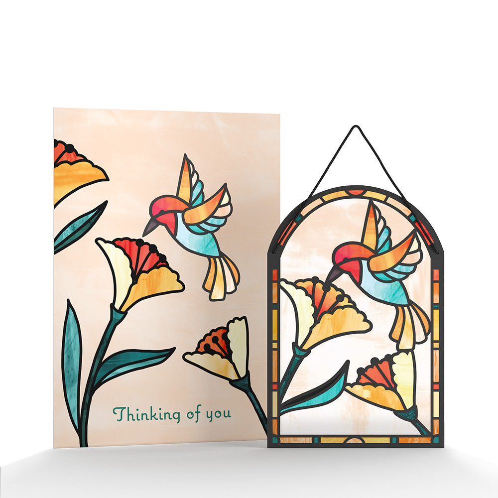 Thinking of You Hummingbird Suncatcher Card & Pop-Up Bouquet Bundle