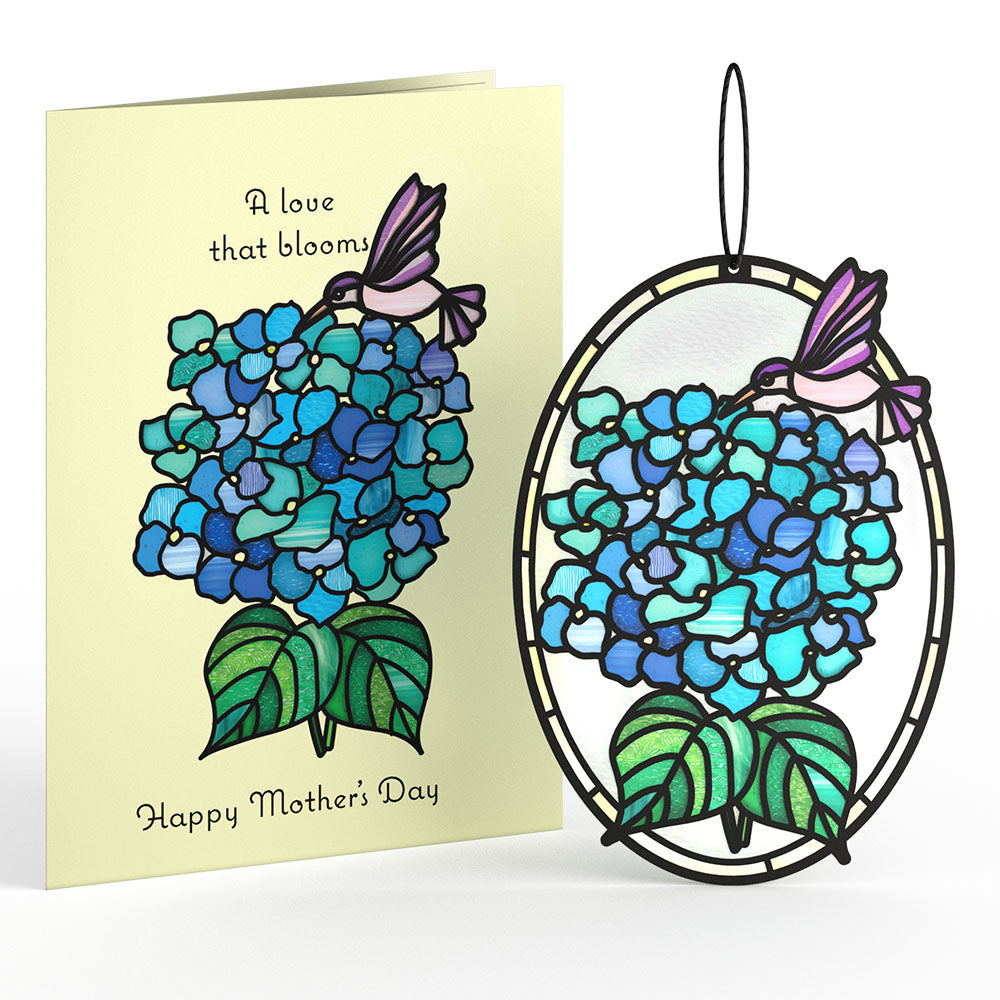 Happy Mother's Day Hydrangeas Suncatcher Card & Bouquet Bundle