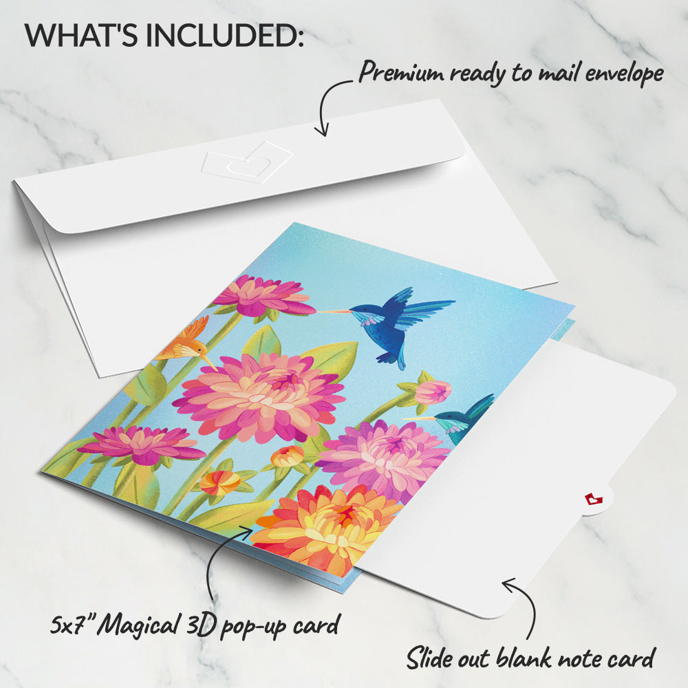 Vibrant Hummingbird Garden Pop-Up Card
