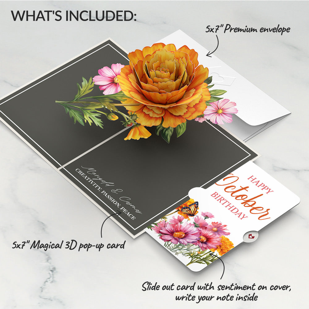 Born to Bloom: October Birth Month Flowers Pop-Up Card and Marigold & Cosmos Sentiment Set