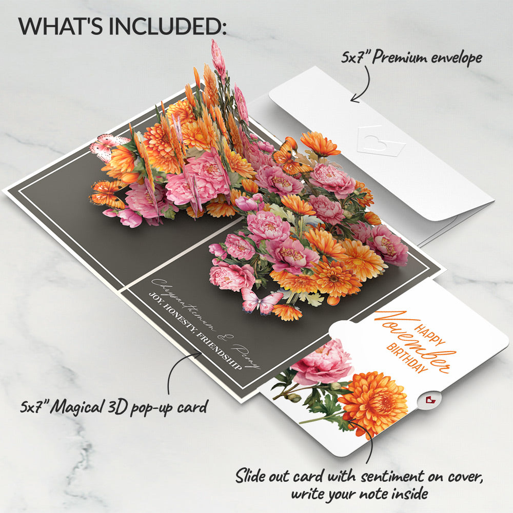 Born to Bloom: November Birth Month Flowers Pop-Up Card and Chrysanthemum & Peony Sentiment Set