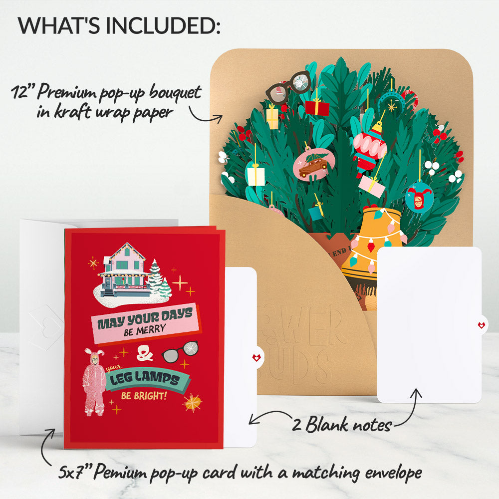 A Christmas Story Holiday Leg Lamp Pop-Up Card & Flower Buds Bouquet Bundle