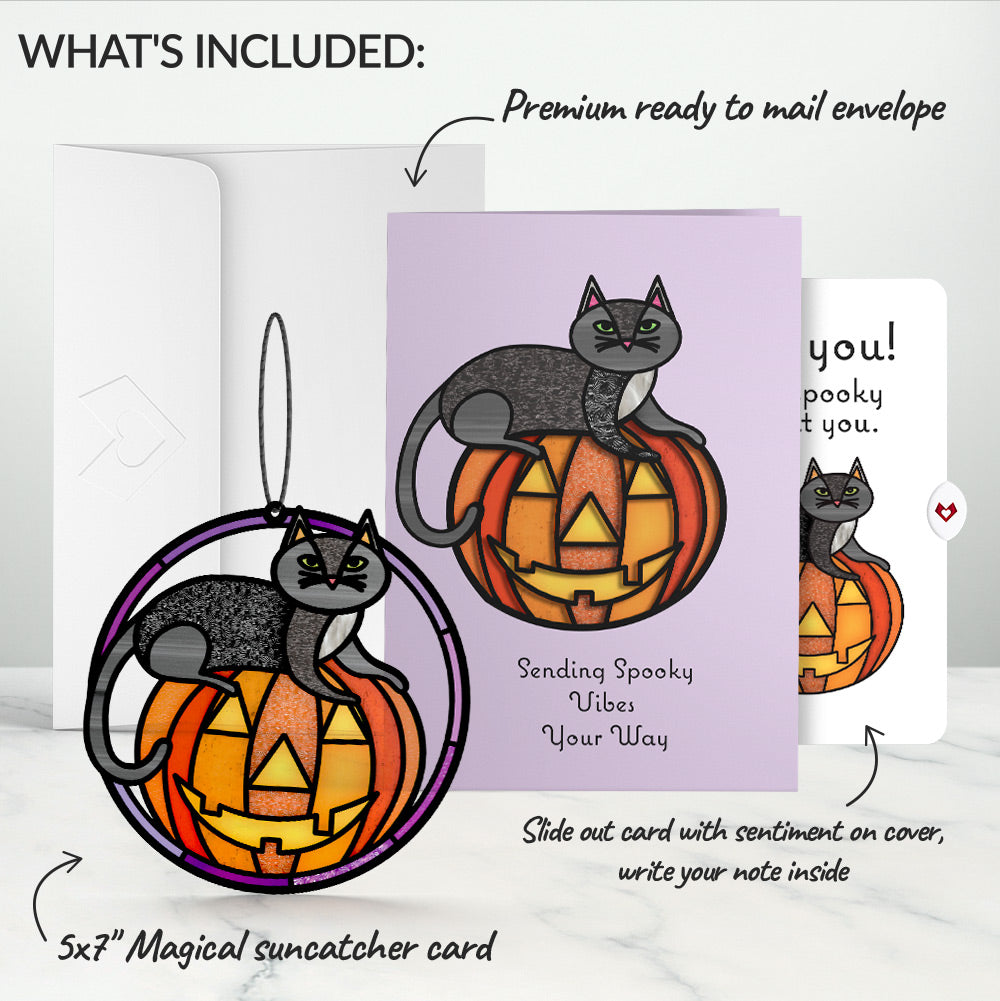 Spooky Vibes Halloween Cat Suncatcher Card and Miss You Sentiment Set