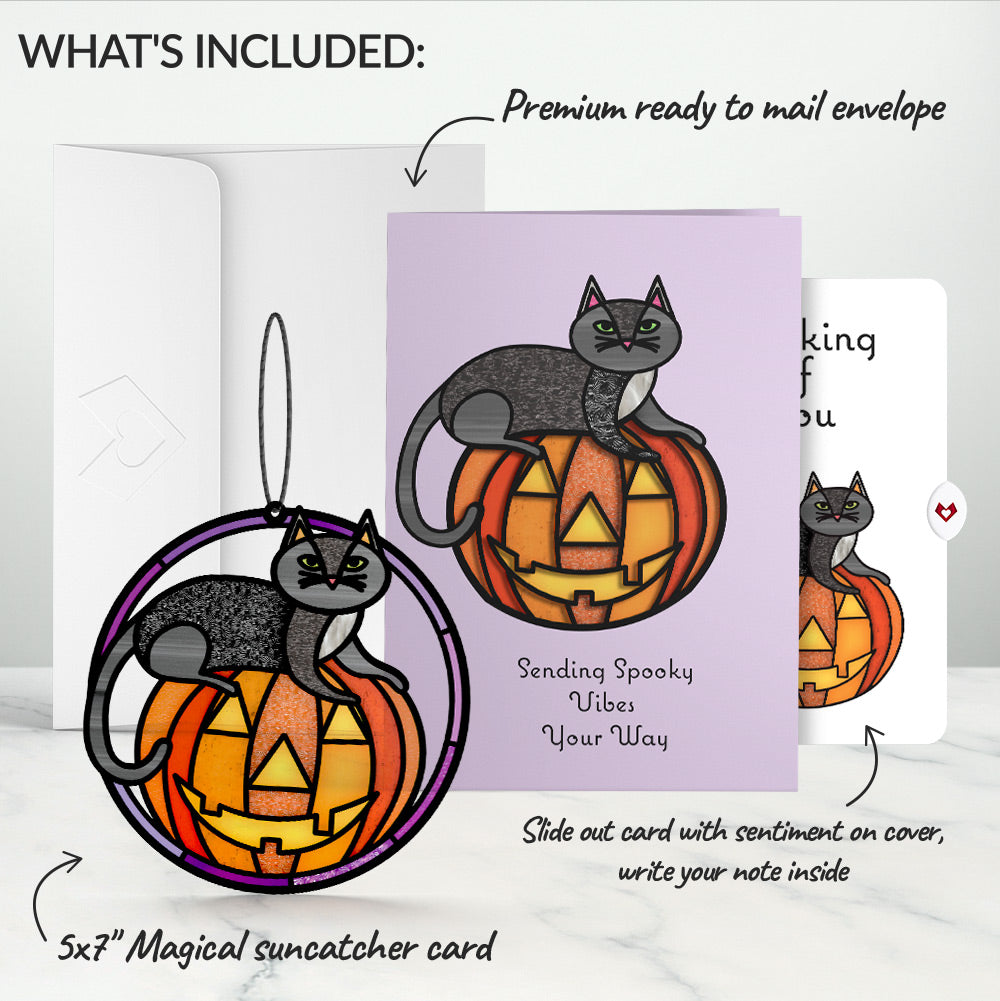 Spooky Vibes Halloween Cat Suncatcher Card and Thinking of You Sentiment Set