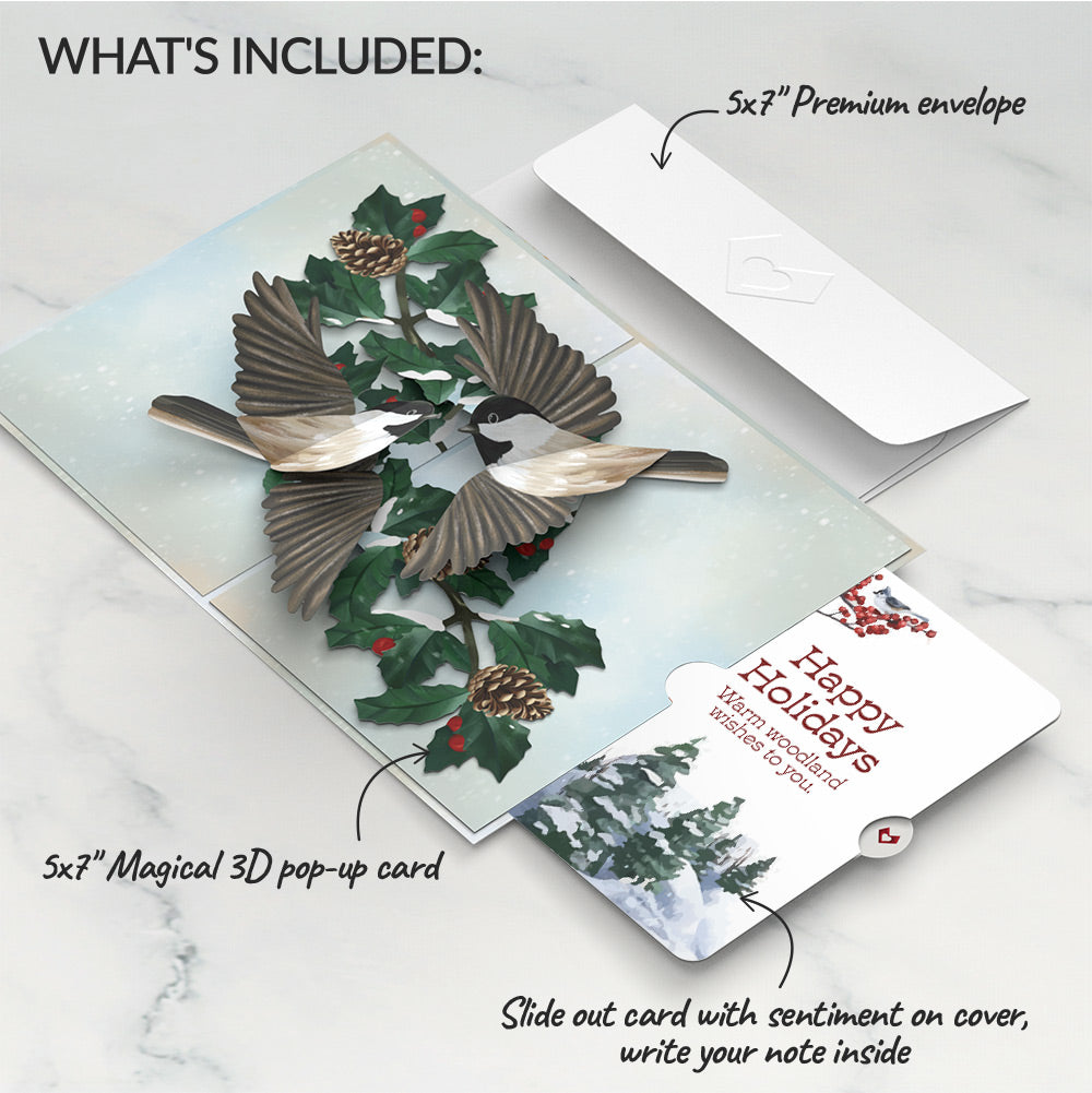 Winter Chickadees Christmas Pop-Up Card and Warm Woodland Sentiment Set