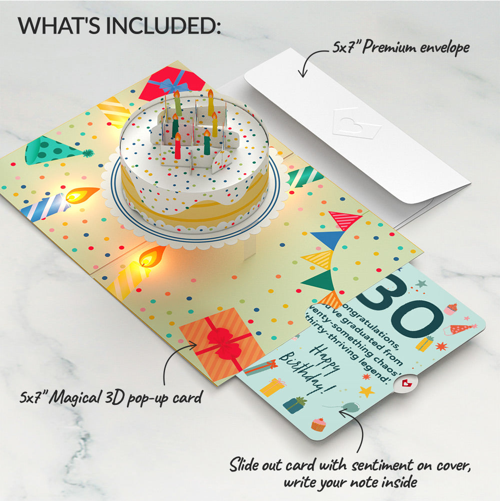 Happy 30th Birthday Confetti Cake Music and Lights Pop-Up Card and Sentiment Set