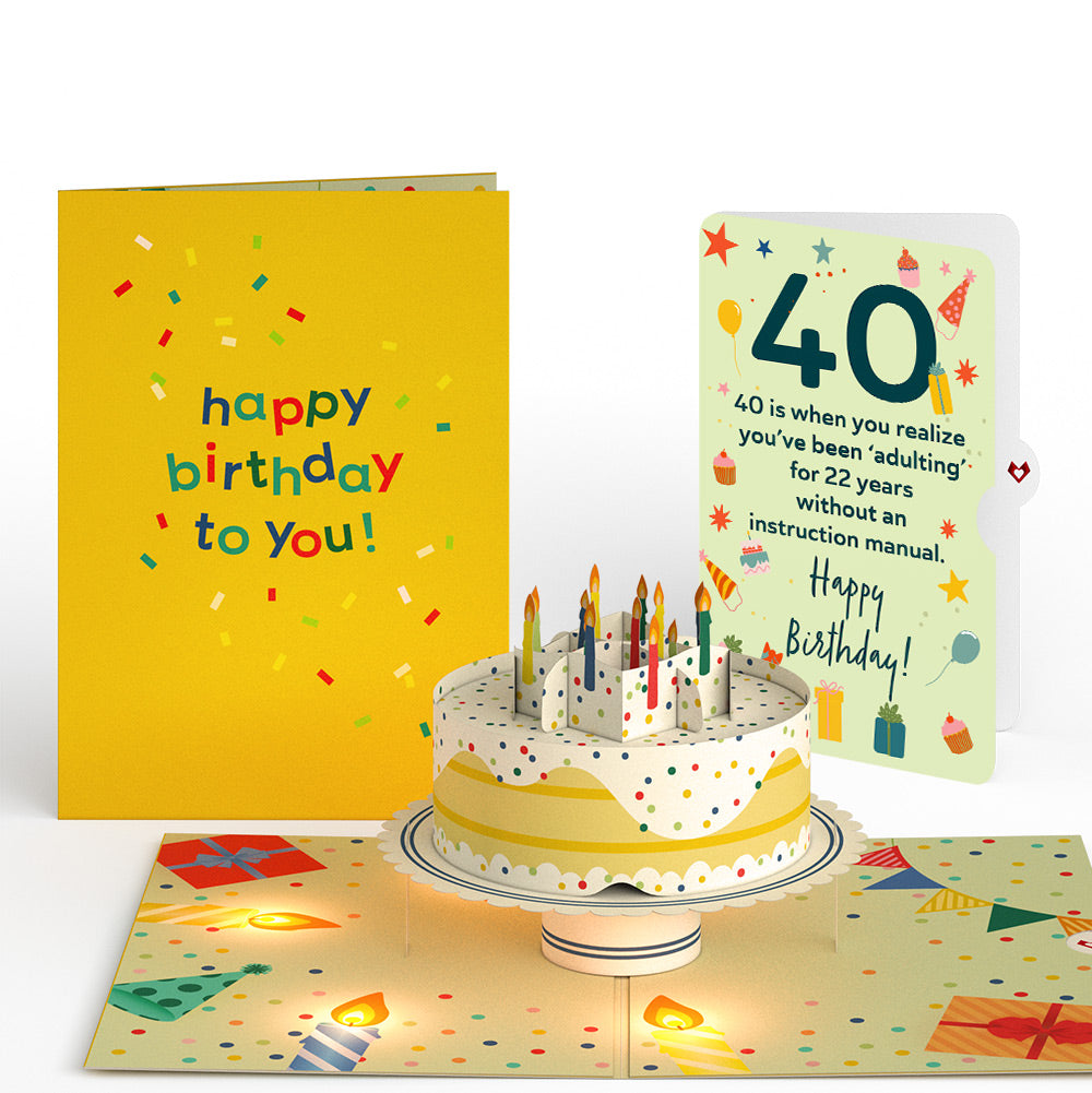 Happy 40th Birthday Confetti Cake Music and Lights Pop-Up Card and Sentiment Set