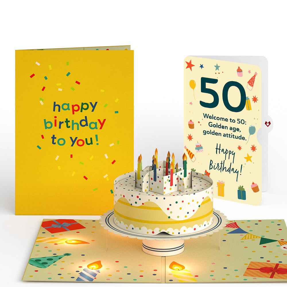 Happy 50th Birthday Confetti Cake Music and Lights Pop-Up Card and Sentiment Set