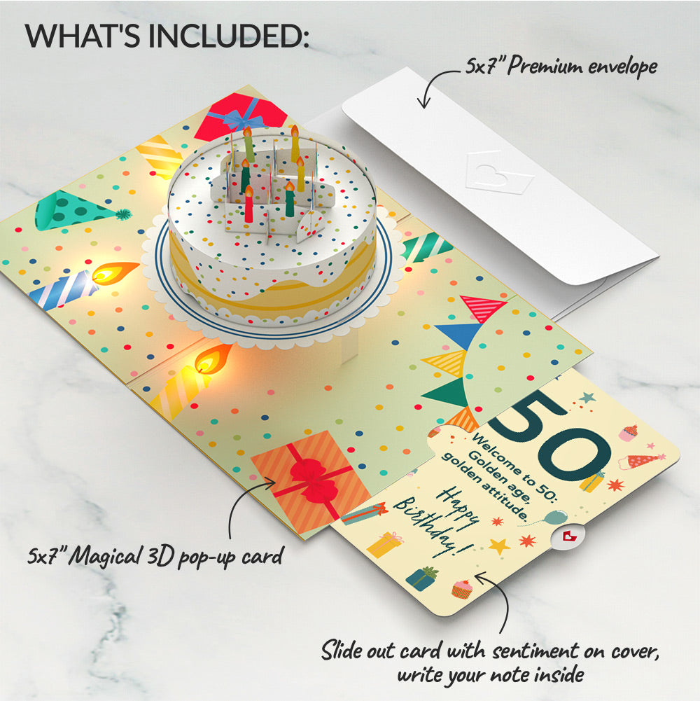 Happy 50th Birthday Confetti Cake Music and Lights Pop-Up Card and Sentiment Set