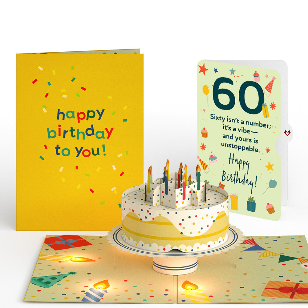 Happy 60th Birthday Confetti Cake Music and Lights Pop-Up Card and Sentiment Set