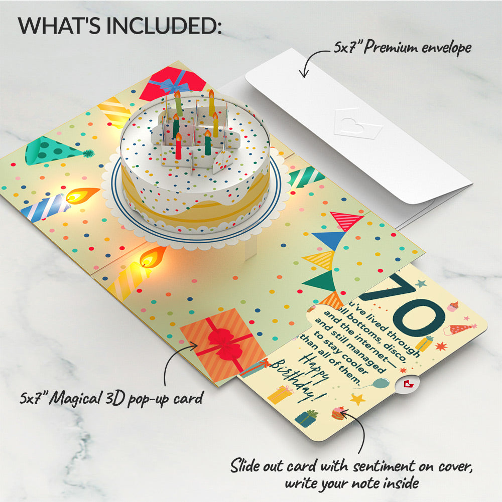 Happy 70th Birthday Confetti Cake Music and Lights Pop-Up Card and Sentiment Set