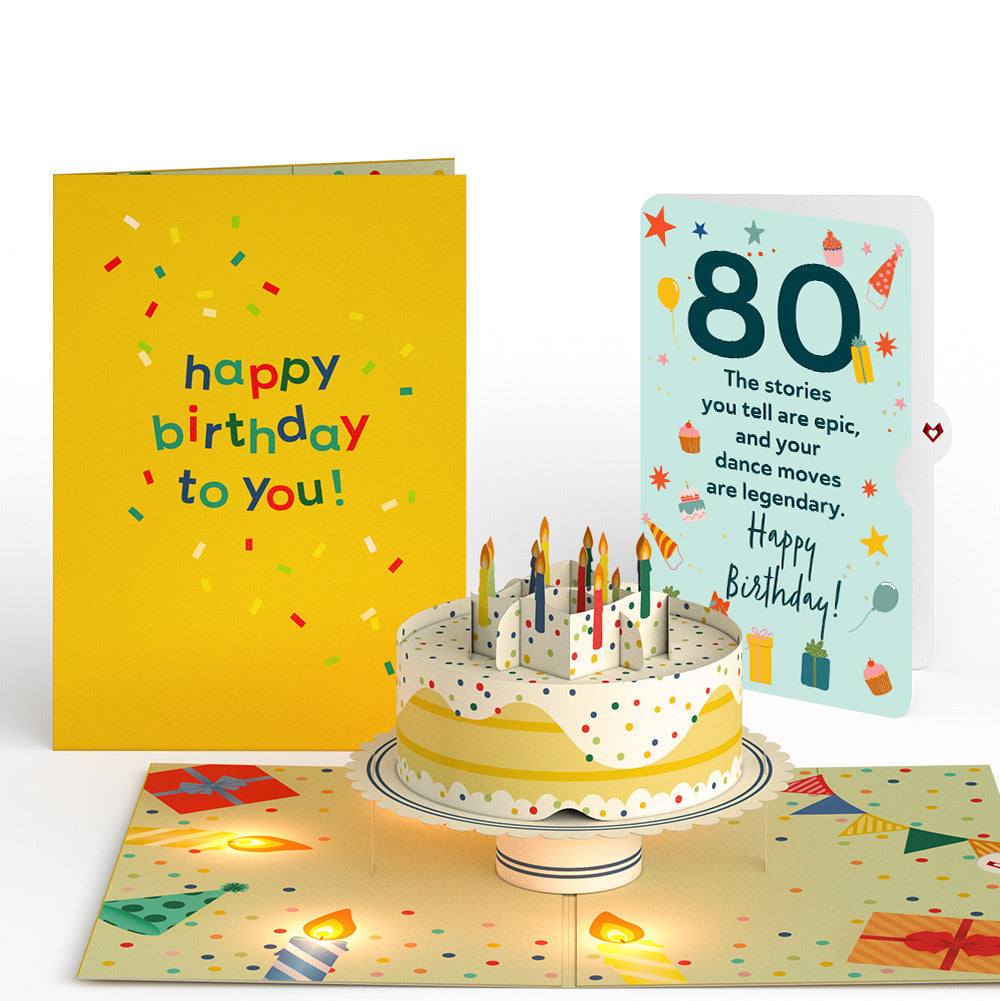 Happy 80th Birthday Confetti Cake Music and Lights Pop-Up Card and Sentiment Set