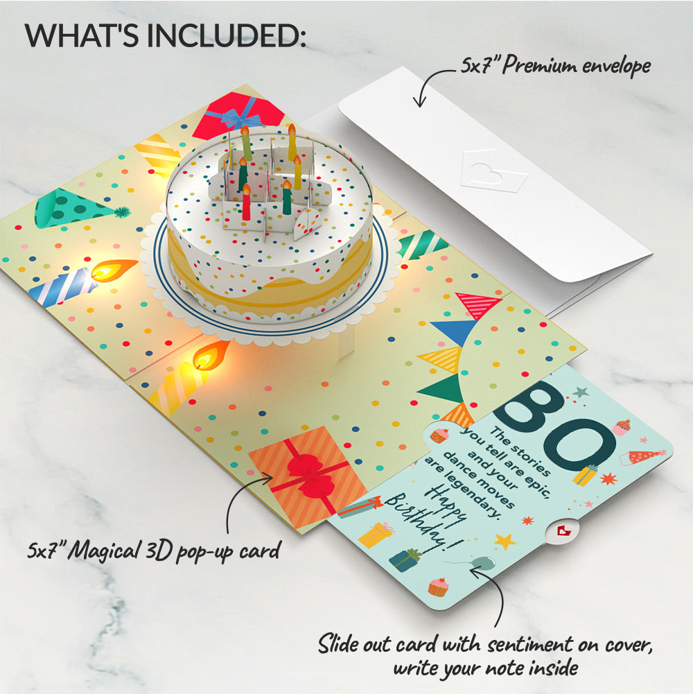 Happy 80th Birthday Confetti Cake Music and Lights Pop-Up Card and Sentiment Set