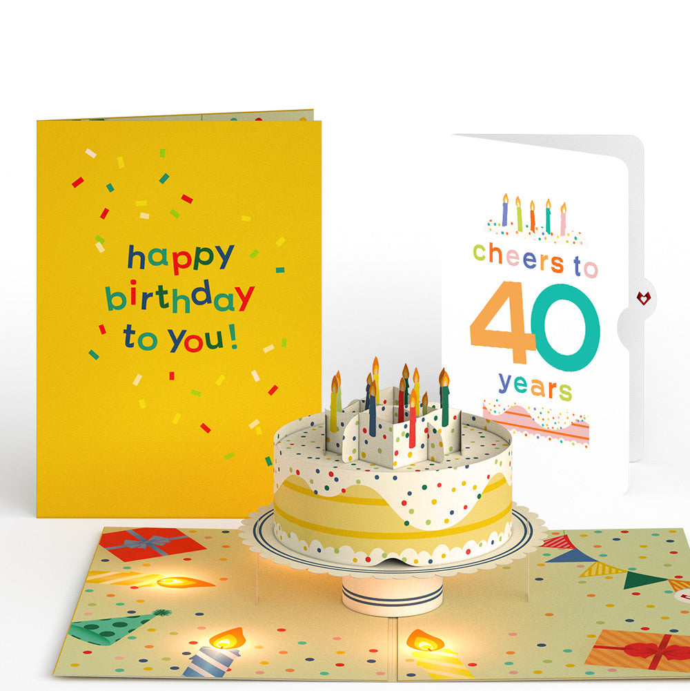 Happy Birthday Confetti Cake Music and Lights Pop-Up Card and Cheers to 40th Years Sentiment Set