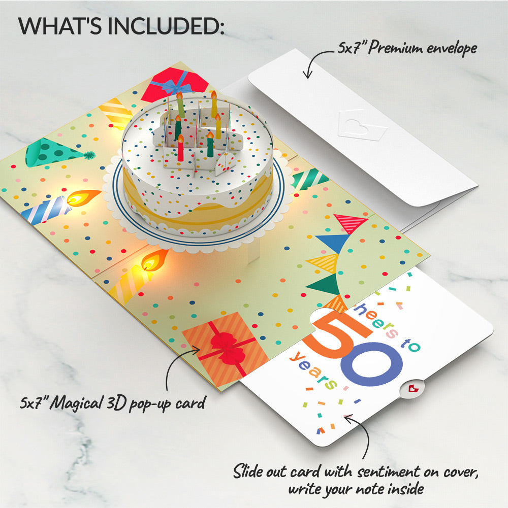 Happy Birthday Confetti Cake Music and Lights Pop-Up Card and Cheers to 50th Years Sentiment Set