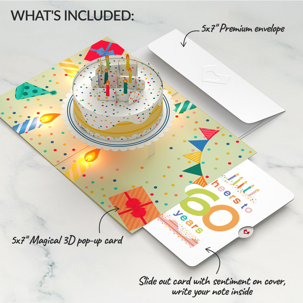 Happy Birthday Confetti Cake Music and Lights Pop-Up Card and Cheers to 60th Years Sentiment Set