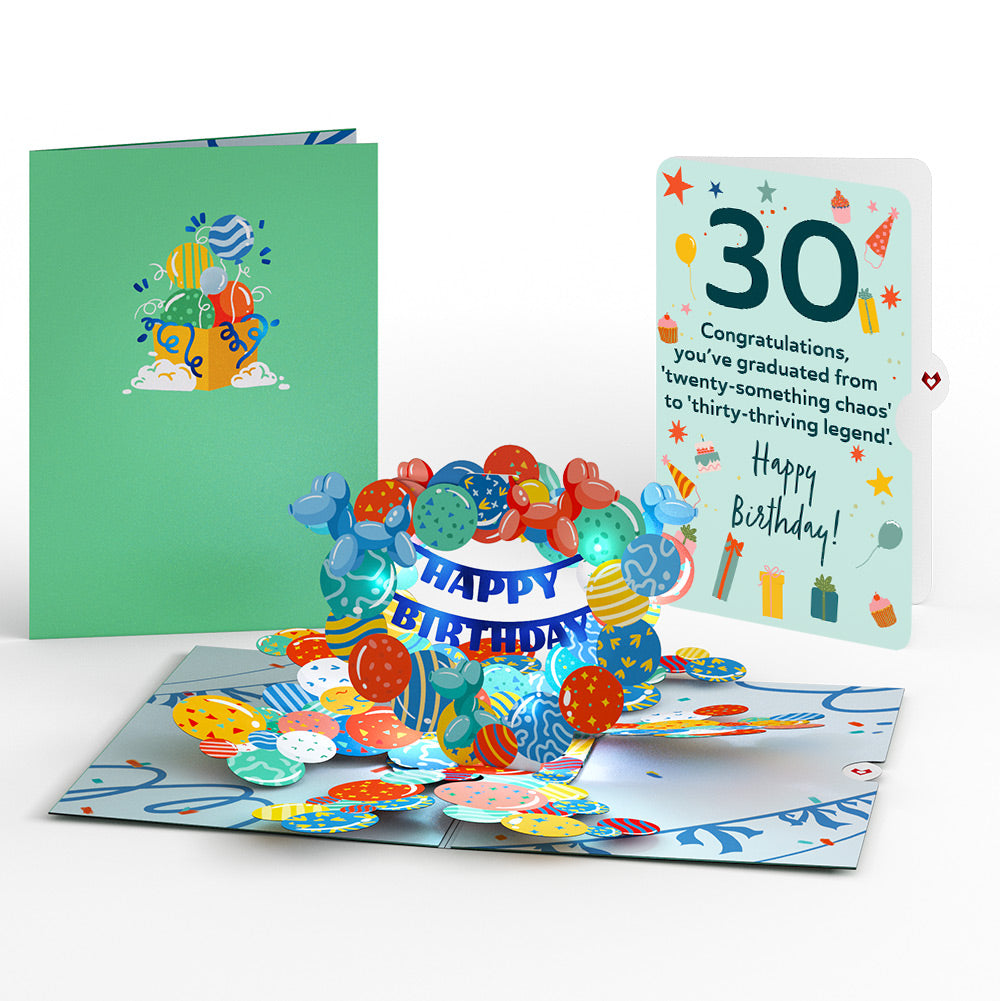 Happy 30th Birthday Balloons Music and Lights Pop-Up Card and Sentiment Set