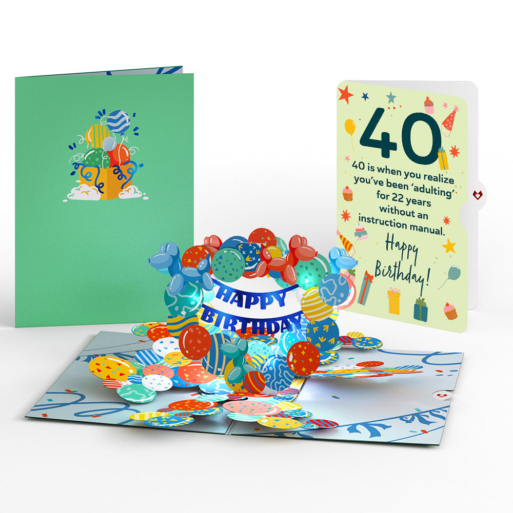 Happy 40th Birthday Balloons Music and Lights Pop-Up Card and Sentiment Set