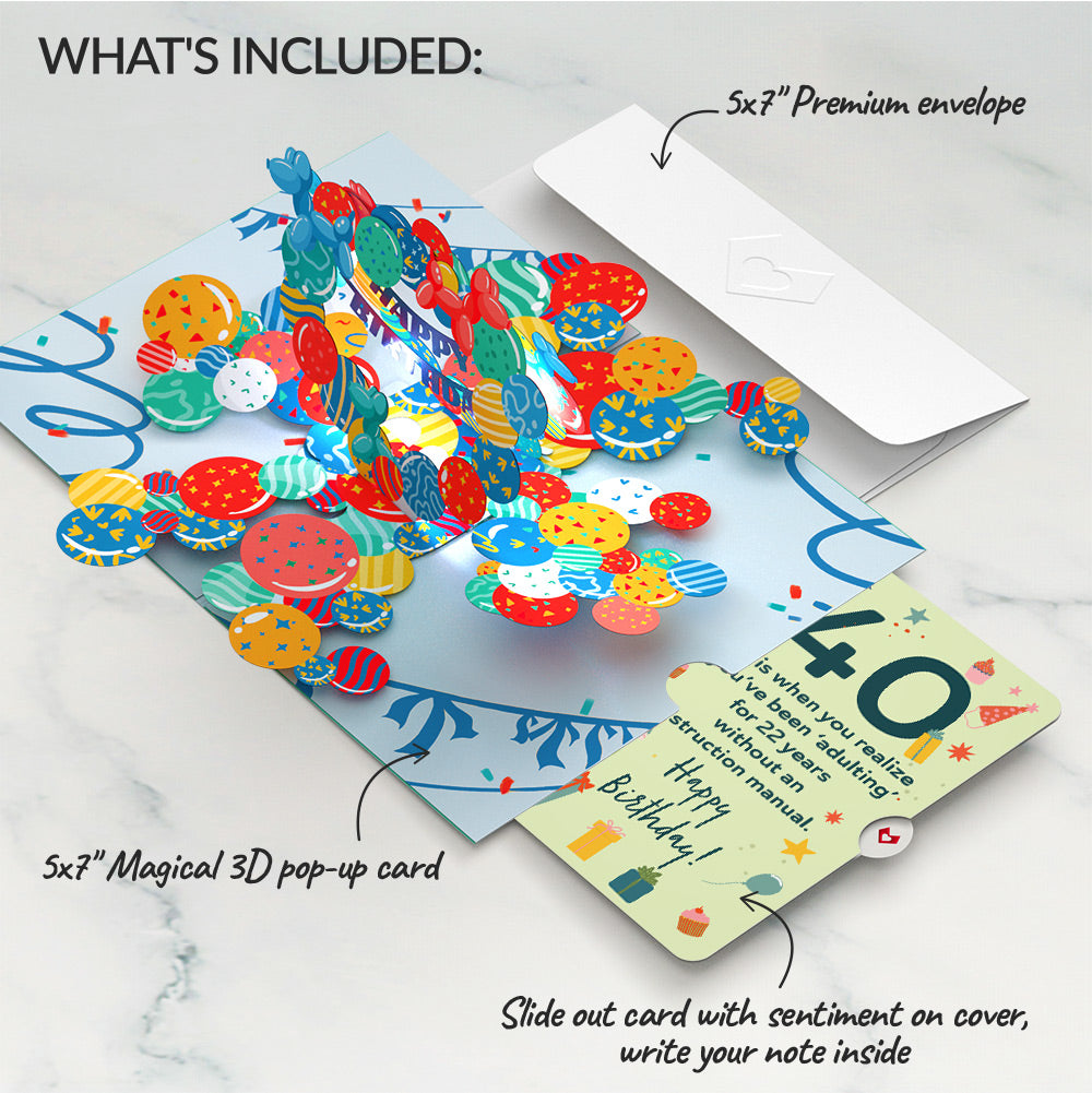 Happy 40th Birthday Balloons Music and Lights Pop-Up Card and Sentiment Set