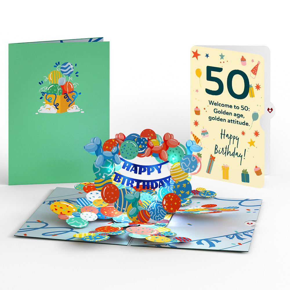 Happy 50th Birthday Balloons Music and Lights Pop-Up Card and Sentiment Set