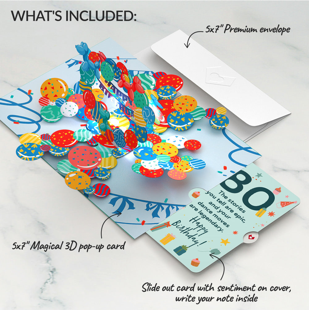 Happy 80th Birthday Balloons Music and Lights Pop-Up Card and Sentiment Set