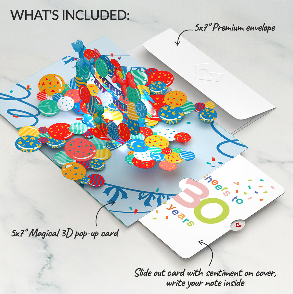 Happy 30th Birthday Balloons Music and Lights Pop-Up Card and Confetti Cake Sentiment Set