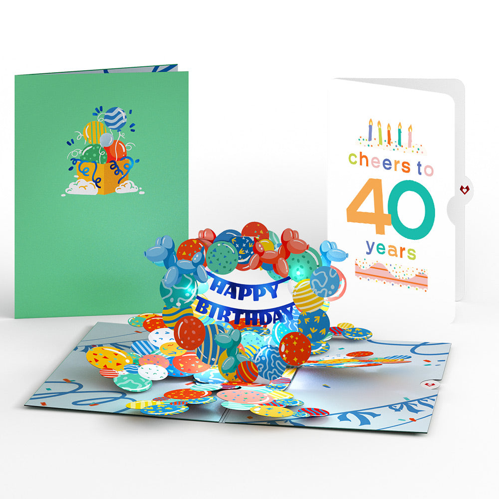 Happy 40th Birthday Balloons Music and Lights Pop-Up Card and Confetti Cake Sentiment Set