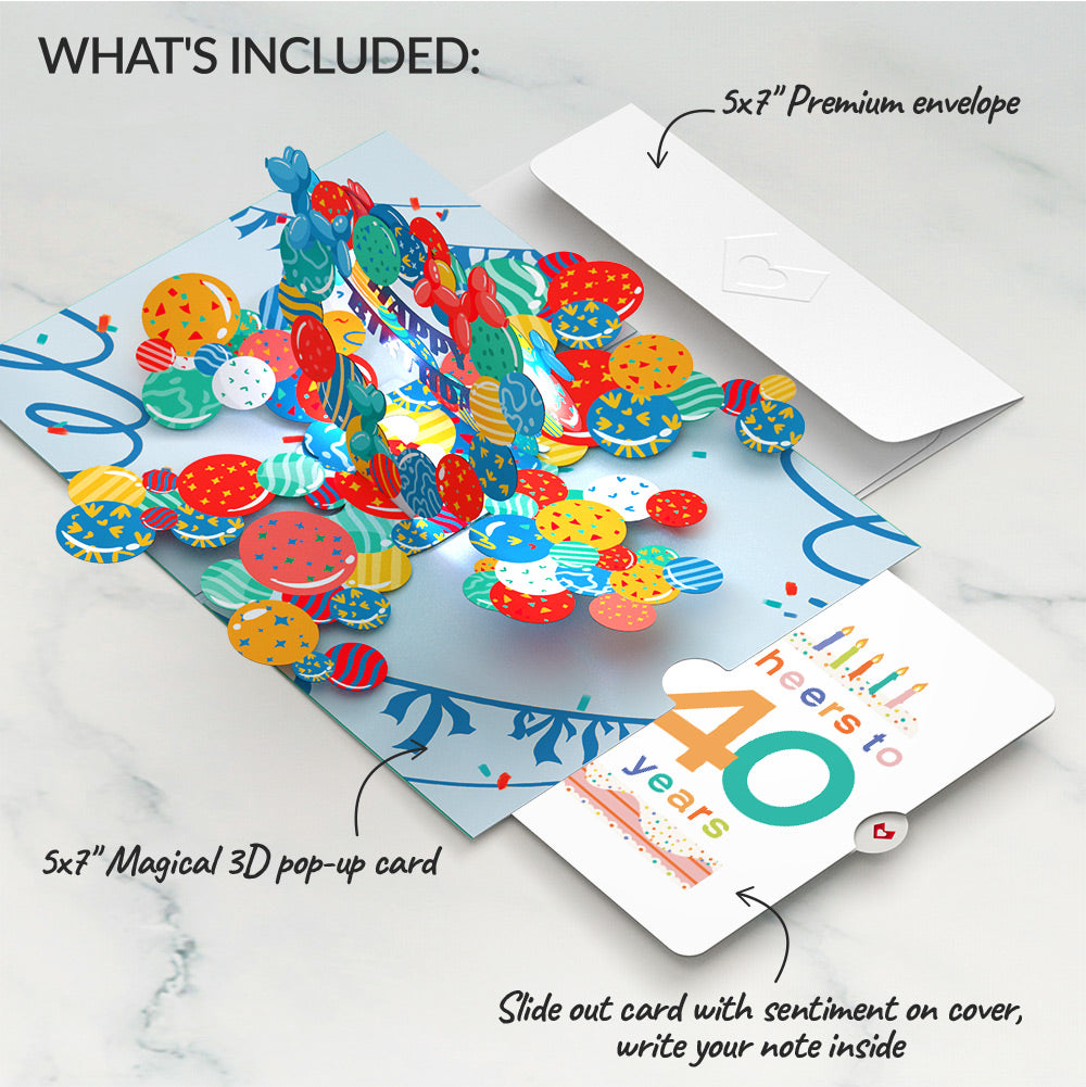 Happy 40th Birthday Balloons Music and Lights Pop-Up Card and Confetti Cake Sentiment Set