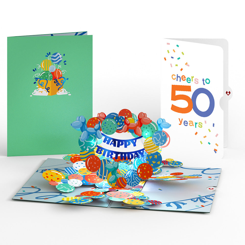 Happy 50th Birthday Balloons Music and Lights Pop-Up Card and Confetti Cake Sentiment Set