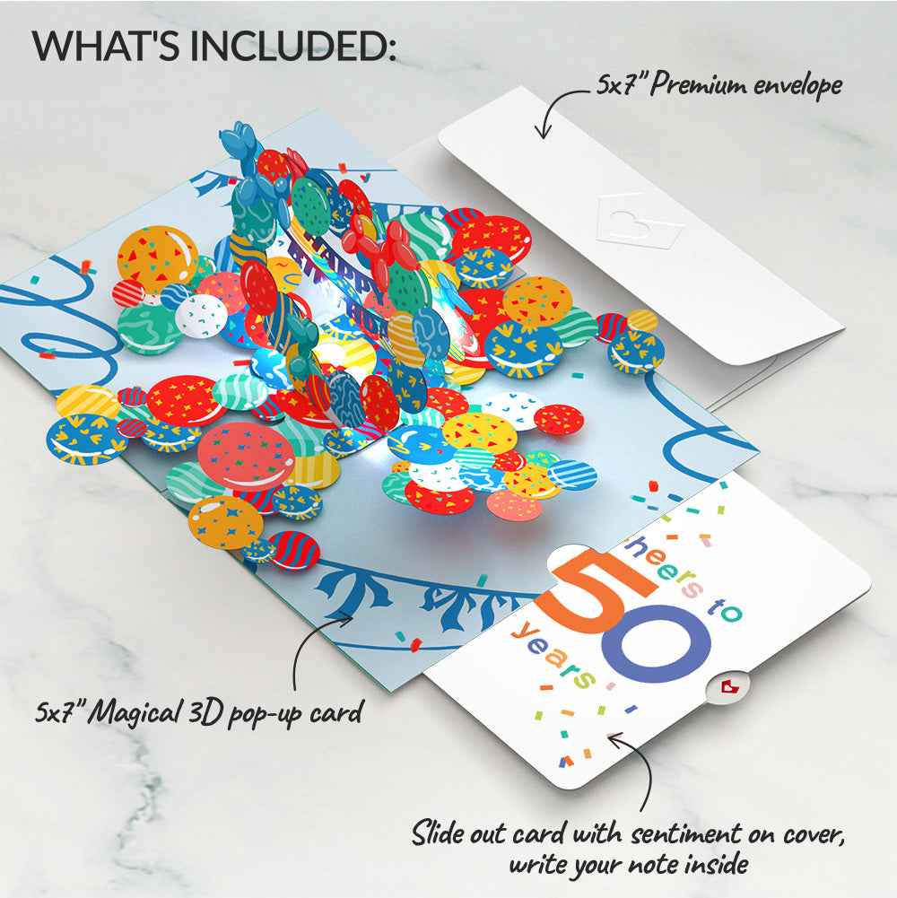 Happy 50th Birthday Balloons Music and Lights Pop-Up Card and Confetti Cake Sentiment Set