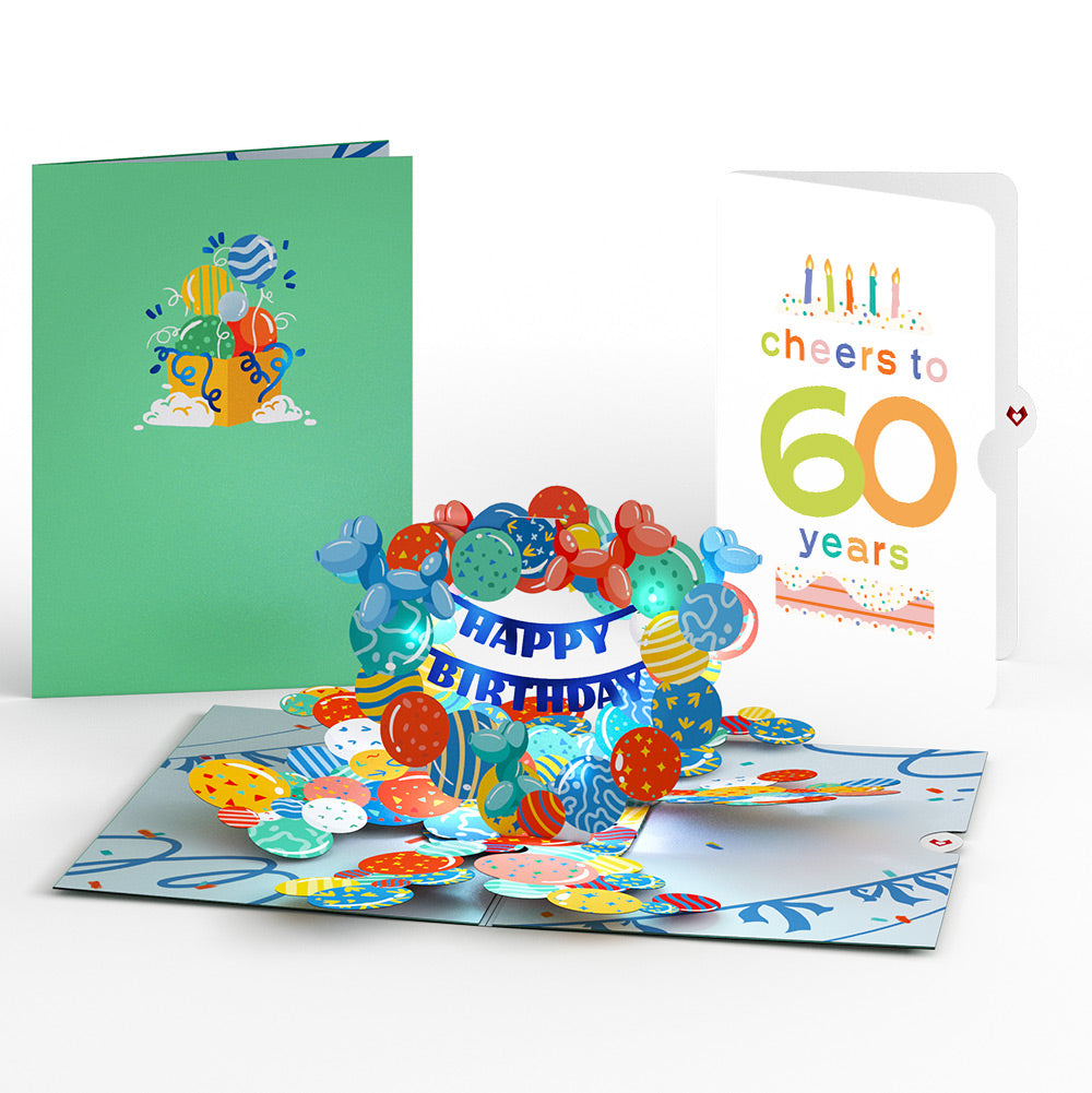 Happy 60th Birthday Balloons Music and Lights Pop-Up Card and Confetti Cake Sentiment Set