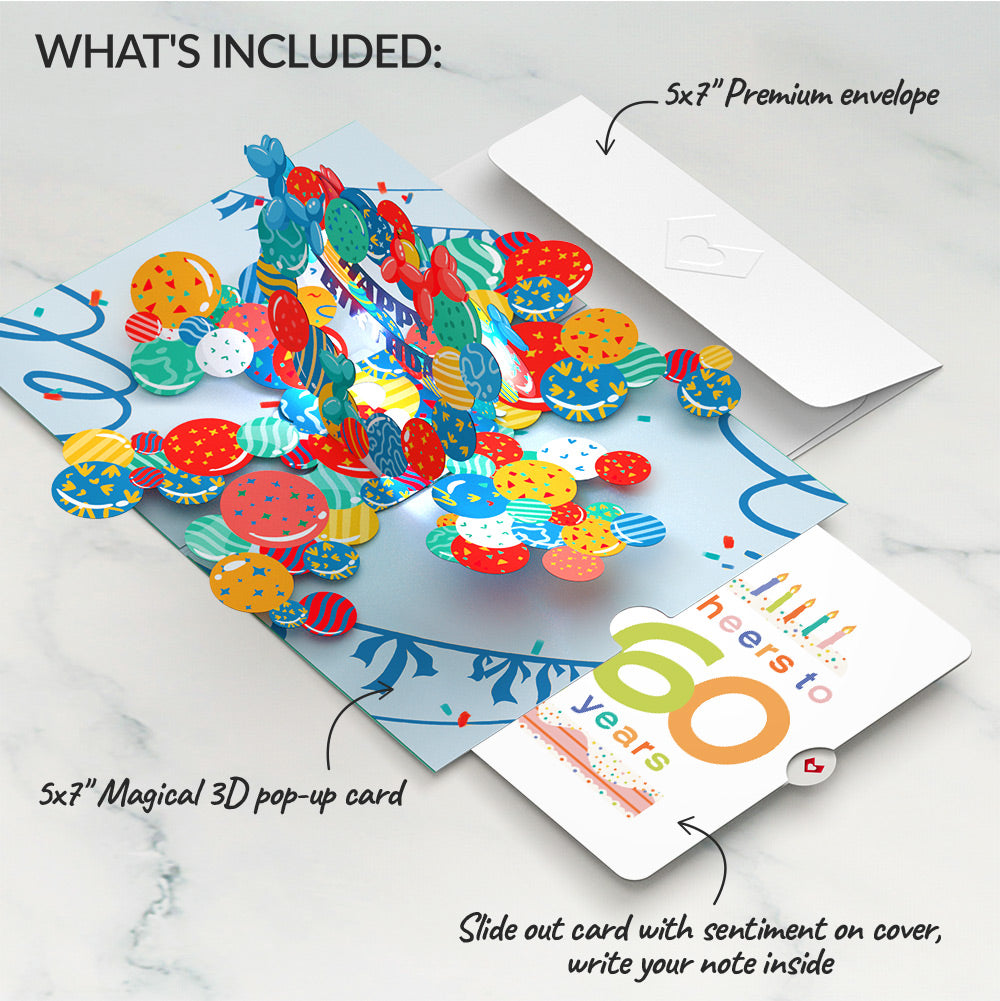 Happy 60th Birthday Balloons Music and Lights Pop-Up Card and Confetti Cake Sentiment Set