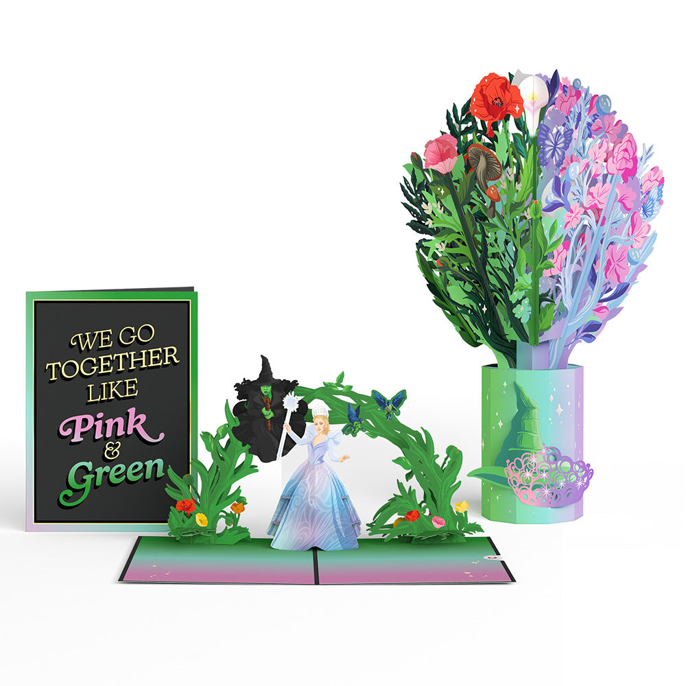 Wicked We Go Together Like Pink & Green Pop-Up Card & Bouquet Bundle
