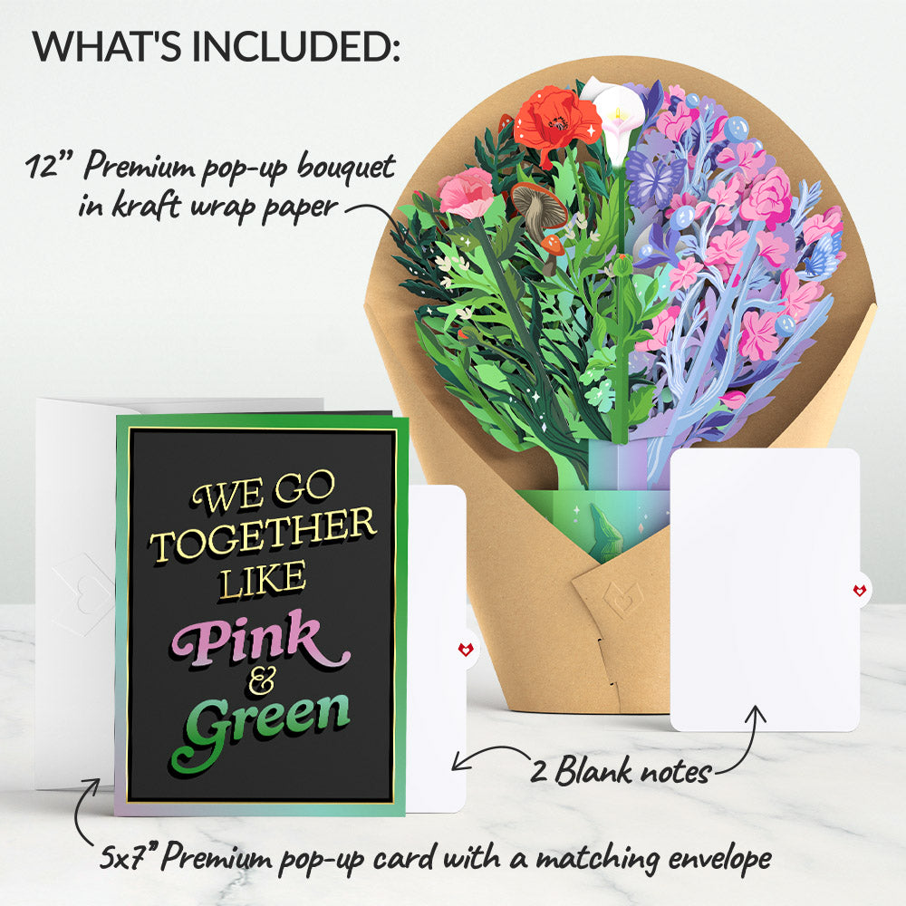 Wicked We Go Together Like Pink & Green Pop-Up Card & Bouquet Bundle